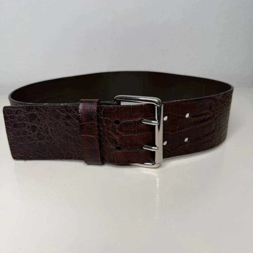 Banana Republic Belt Womens Mahogany Croc Embossed Double Prong Buckle Luxe 32 S